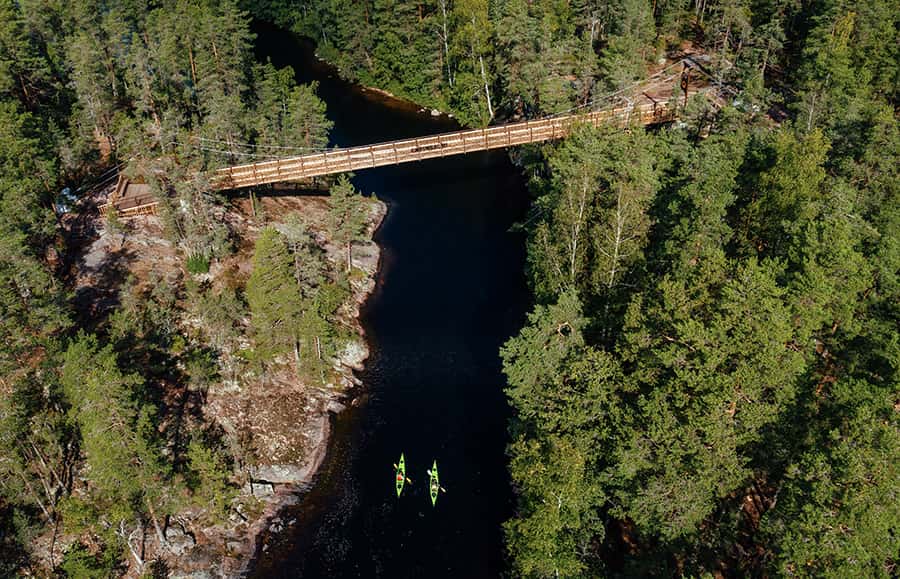 Lapinsalmen riippusilta Repoveden kansallispuistossa Kouvolassa tarjoaa huikeat näkymät. Kuvaaja Jussi Hellsten.