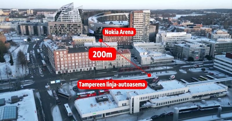 Ilmakuva Tampereelta näyttämässä lyhyen kävelyreitin Linja-autoasemalta Nokia Arenalle